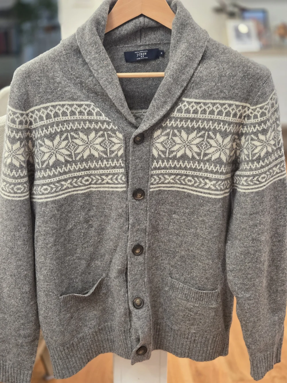 J. Crew Gray 100% Lambswool Men's Shawl-Collar Fair Isle Cardigan Sweater (M)